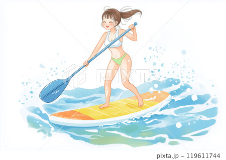 綺麗な夏の海でサップをする女性のイラスト 綺麗な夏の海でサップをする女性のイラスト 119611744