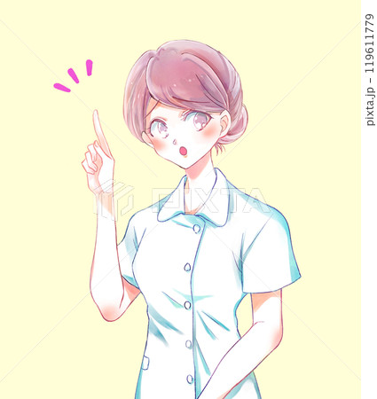 困った顔で人差し指を差す女性看護師 困った顔で人差し指を差す女性看護師 119611779
