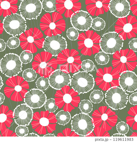 Seamless floral pattern based on traditional folk art ornaments. Colorful flowers on color background. Scandinavian style. Sweden nordic style. Vector illustration. Simple minimalistic pattern Seamless floral pattern based on traditional folk art ornaments. Colorful flowers on color background. Scandinavian style. Sweden nordic style. Vector illustration. Simple minimalistic pattern 119611983