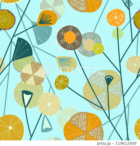 Seamless floral pattern based on traditional folk art ornaments. Colorful flowers on color background. Scandinavian style. Sweden nordic style. Vector illustration. Simple minimalistic pattern 119612009