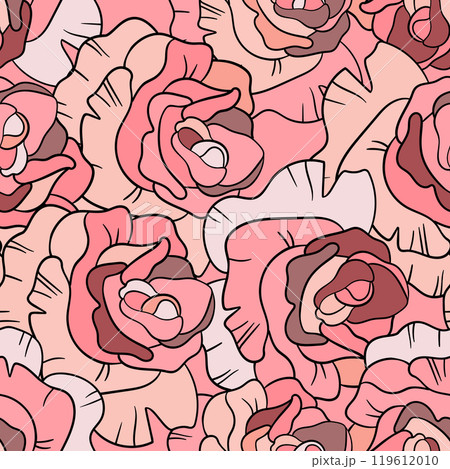 Seamless floral pattern with pink roses. Cartoon style. Design for fabric, textile, paper. Colorful flowers on color background. Vector illustration on traditional folk art ornaments 119612010
