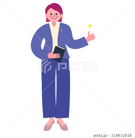 条文集を手に持った弁護士の女性が親指を立てている全身のイラスト 119612016