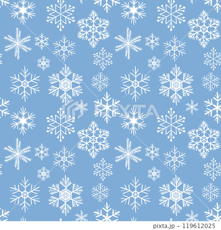 Winter seamless pattern with white snowflakes on blue background. Vector illustration for fabric, textile wallpaper, posters, gift wrapping paper. Christmas vector illustration 119612025