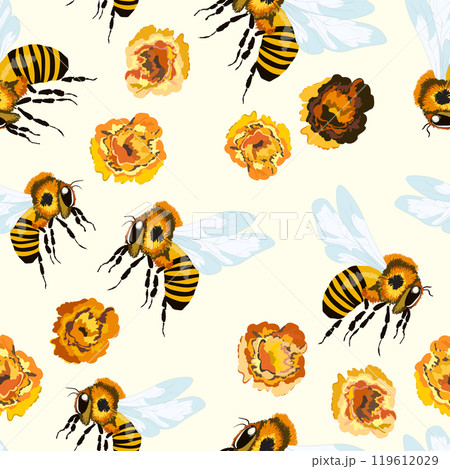 Seamless pattern with bees and flowers on color background. Small wasp. Vector illustration. Adorable cartoon character. Template design for invitation, cards, textile, fabric. Doodle style 119612029