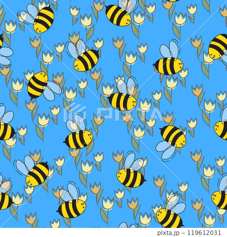 Seamless pattern with bees on color background. Small wasp. Vector illustration. Adorable cartoon character. Template design for invitation, cards, textile, fabric. Doodle style Seamless pattern with bees on color background. Small wasp. Vector illustration. Adorable cartoon character. Template design for invitation, cards, textile, fabric. Doodle style 119612031