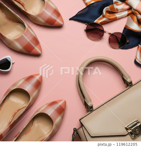 ファッションの靴・バッグやアクセサリーとカラフルな背景画像 ファッションの靴・バッグやアクセサリーとカラフルな背景画像 119612205