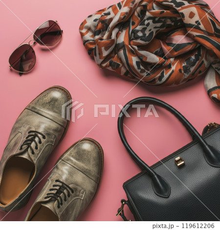 ファッションの靴・バッグやアクセサリーとカラフルな背景画像 ファッションの靴・バッグやアクセサリーとカラフルな背景画像 119612206