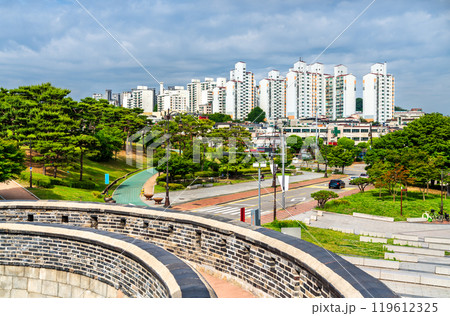 Skyline of Suwon Viewed from Hwaseomun Gate of Hwaseong Fortress, South Korea Skyline of Suwon Viewed from Hwaseomun Gate of Hwaseong Fortress, South Korea 119612325