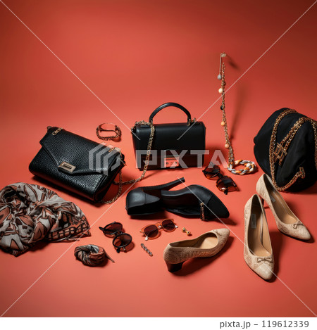 ファッションのシューズ・バッグやアクセサリーとカラフルな背景画像 ファッションのシューズ・バッグやアクセサリーとカラフルな背景画像 119612339