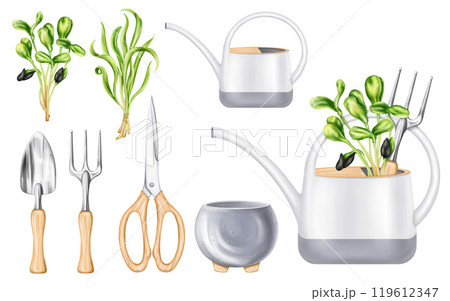 A set of garden tools rakes, shovels, scissors, pot, watering can, bunches of greenery. Equipment of florist and agronomist for cultivating land, farm, plant and flower. Digital isolated illustration 119612347