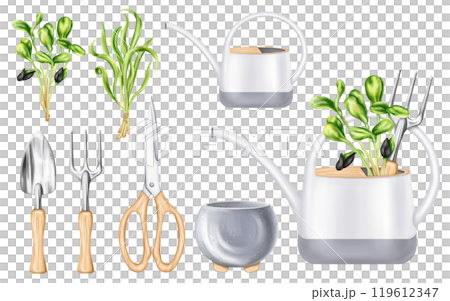 A set of garden tools rakes, shovels, scissors, pot, watering can, bunches of greenery. Equipment of florist and agronomist for cultivating land, farm, plant and flower. Digital isolated illustration 119612347