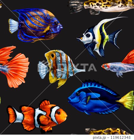 Seamless pattern with bright tropical colorful fish. Marine underwater life, travel, diving and snorkeling are exotic places. Illustrations for textiles, banners, wrapping paper, wallpaper 119612348