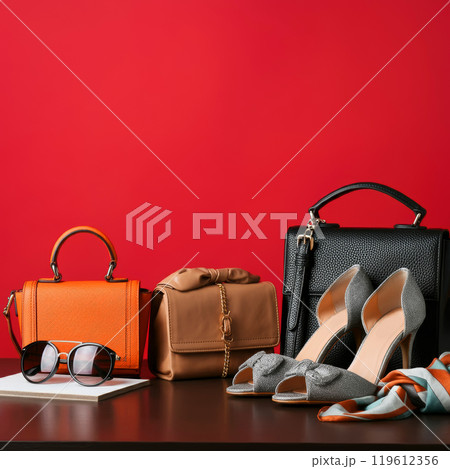ファッションのシューズ・バッグやアクセサリーとカラフルな背景画像 ファッションのシューズ・バッグやアクセサリーとカラフルな背景画像 119612356