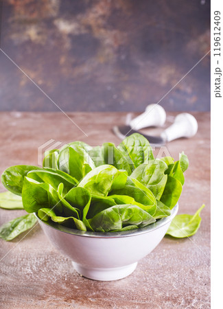 Washed fresh mini spinach in white bowl Washed fresh mini spinach in white bowl 119612409