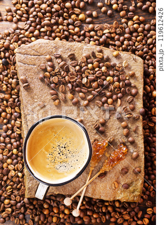 View from above, High Quality Colombian Coffee Beans, with full hot cups. View from above, High Quality Colombian Coffee Beans, with full hot cups. 119612426