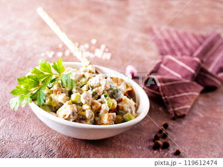 Salad with potato and chicken 119612474