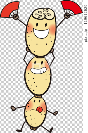 扇を持ってポーズをとる可愛いレンコンキャラクターのイラスト 119612629