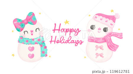 Preppy Coquette Christmas Snowman and snowgirl Pastel pink and mint green watercolor hand painting Preppy Coquette Christmas Snowman and snowgirl Pastel pink and mint green watercolor hand painting 119612781