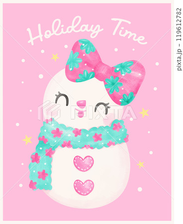 Preppy Coquette Christmas Snow Girl watercolor hand painting in Pastel Pink and Mint green color 119612782