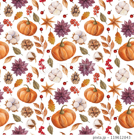 Watercolor seamless pattern with pumpkin, mushrooms, Dahlia, cotton and autumn leaves. Hand drawn illustration for thanksgiving design. Digital Paper for wrapping, textile, scrapbook or background. 119612843