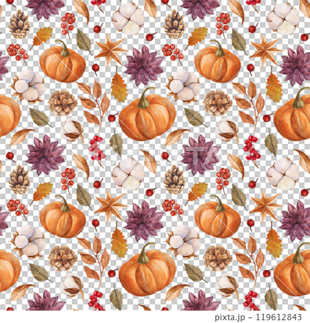 Watercolor seamless pattern with pumpkin, mushrooms, Dahlia, cotton and autumn leaves. Hand drawn illustration for thanksgiving design. Digital Paper for wrapping, textile, scrapbook or background. 119612843