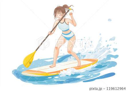 綺麗な夏の海でサップをする女性のイラスト 119612964