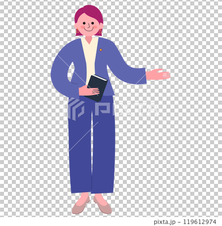 条文集を手に持った弁理士の女性が案内している全身のイラスト 条文集を手に持った弁理士の女性が案内している全身のイラスト 119612974