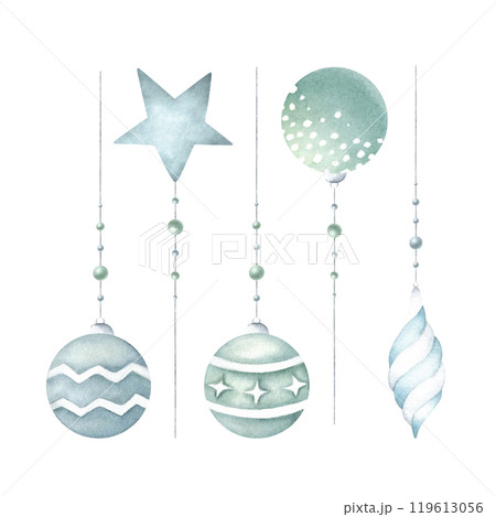 Christmas glass tree balls in green and blue colors with variety of white, with bead pendants. Hand drawn watercolor illustration. Set of isolated elements for New year greeting card and designs. 119613056