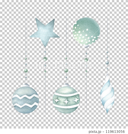 Christmas glass tree balls in green and blue colors with variety of white, with bead pendants. Hand drawn watercolor illustration. Set of isolated elements for New year greeting card and designs. 119613056