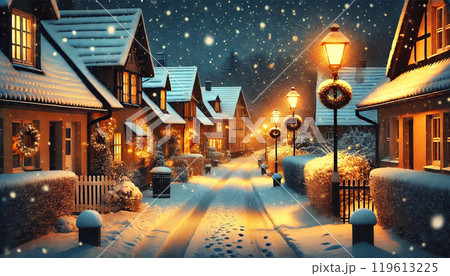 町の雪景色と街灯 町の雪景色と街灯 119613225