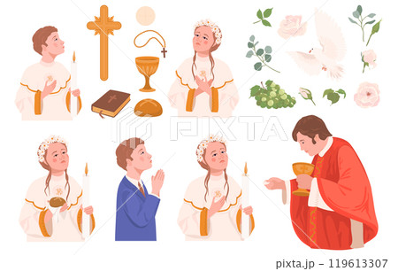 Vector set of First Communion clip art. Boy and girl praying, priest conducting Eucharist. Grail, church bread, Bible, rosary, white dove, crucifix, flowers, decorated altar. Symbols of Christianity. Vector set of First Communion clip art. Boy and girl praying, priest conducting Eucharist. Grail, church bread, Bible, rosary, white dove, crucifix, flowers, decorated altar. Symbols of Christianity. 119613307