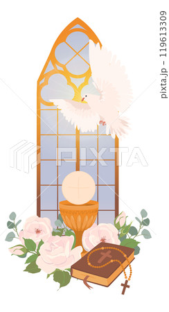 Decorated altar in the church. Elements for the first communion - bread, holy cup, wine. The presence of the holy spirit in the temple in the form of a white radiant dove. Greeting card design. Decorated altar in the church. Elements for the first communion - bread, holy cup, wine. The presence of the holy spirit in the temple in the form of a white radiant dove. Greeting card design. 119613309