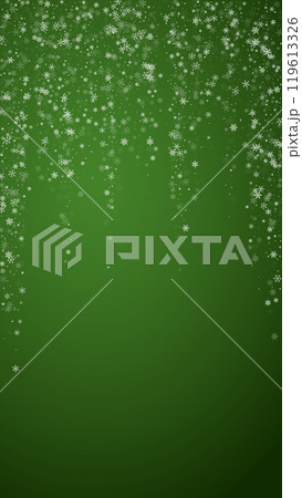 Falling snowflakes christmas background. Subtle flying snow flakes and stars on christmas green background. Beautifully falling snowflakes overlay. Vertical vector illustration. Falling snowflakes christmas background. Subtle flying snow flakes and stars on christmas green background. Beautifully falling snowflakes overlay. Vertical vector illustration. 119613326