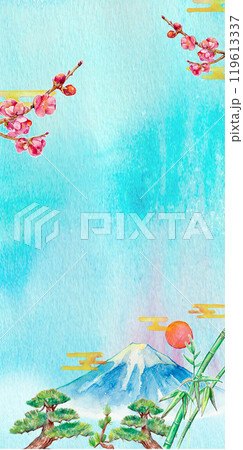 水彩で描いた松竹梅と富士山の背景 119613337