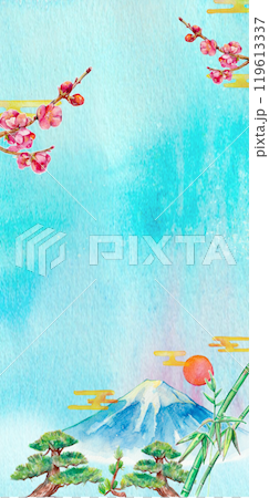 水彩で描いた松竹梅と富士山の背景 119613337