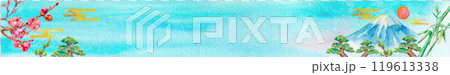 水彩で描いた松竹梅と富士山の背景 119613338