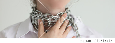 Woman touches wrapped around neck chain feeling throat pain Woman touches wrapped around neck chain feeling throat pain 119613417