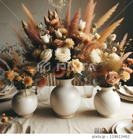 Dried and fresh flowers in a white ceramic vase. 119613462