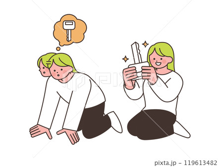 鍵を探している女性と鍵を見つけた女性のイラストセット 119613482