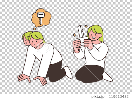 鍵を探している女性と鍵を見つけた女性のイラストセット 119613482