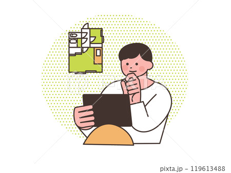 タブレットを見ながら不動産について考えている男性 タブレットを見ながら不動産について考えている男性 119613488