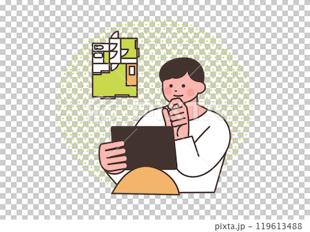 タブレットを見ながら不動産について考えている男性 タブレットを見ながら不動産について考えている男性 119613488