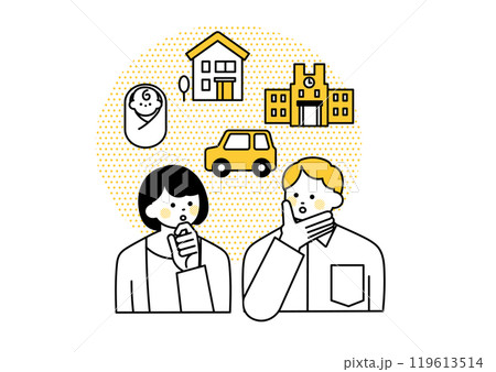 将来設計について考えている若い夫婦のイラスト 119613514