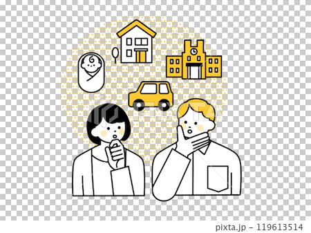 将来設計について考えている若い夫婦のイラスト 119613514