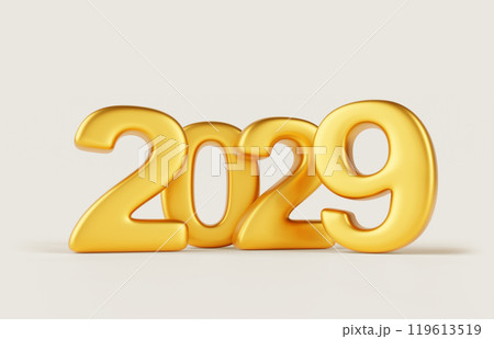 2029 gold number for Happy New Year and Christmas banner. Golden holiday metal shiny font on white background 3d render. Realistic typography glossy symbol for calendar, greeting card. 3D illustration 2029 gold number for Happy New Year and Christmas banner. Golden holiday metal shiny font on white background 3d render. Realistic typography glossy symbol for calendar, greeting card. 3D illustration 119613519