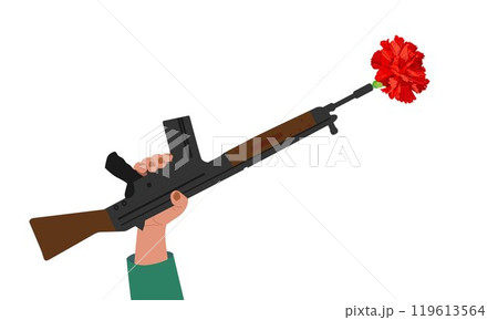 Hand with a rifle, a red carnation inserted into the barrel of the gun. Portugal's Freedom Day. Symbol of victory and revolution. Hand with a rifle, a red carnation inserted into the barrel of the gun. Portugal's Freedom Day. Symbol of victory and revolution. 119613564