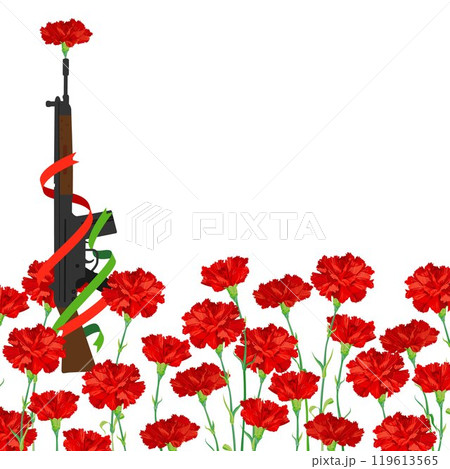A festive composition for the Freedom Day of Portugal. A red carnation is inserted into the barrel of the rifle. A symbol of Victory and Revolution. 119613565