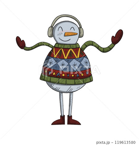Traditional Christmas and New year Snowman character. Cheerful character wearing traditional ugly christmas sweater 119613580