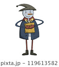 Traditional Christmas and New year Snowman character holding a giftbox 119613582