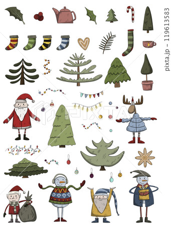 Christmas clipart set of elements for creating Christmas media. New year decorations. stickers with christmas characters. unique new 2025 year collection Christmas clipart set of elements for creating Christmas media. New year decorations. stickers with christmas characters. unique new 2025 year collection 119613583